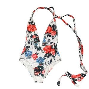 Brazilian women’s *S Low Plunge Front one piece floral swimsuit multiway tie NEW